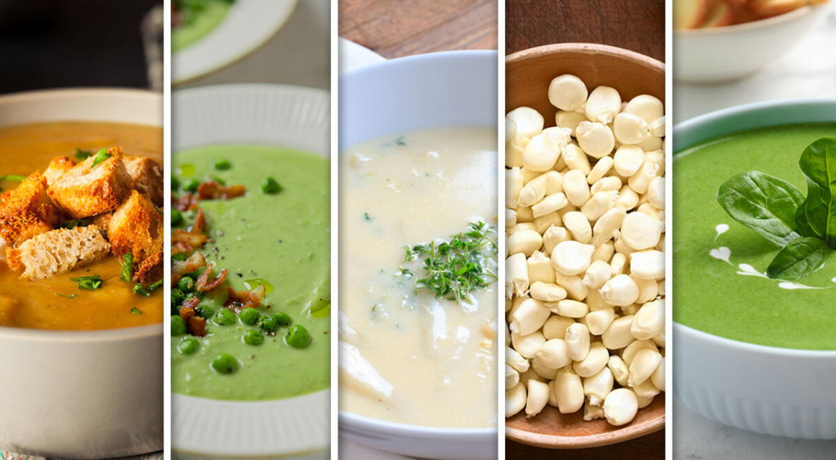 cinco platos de cremas de verduras