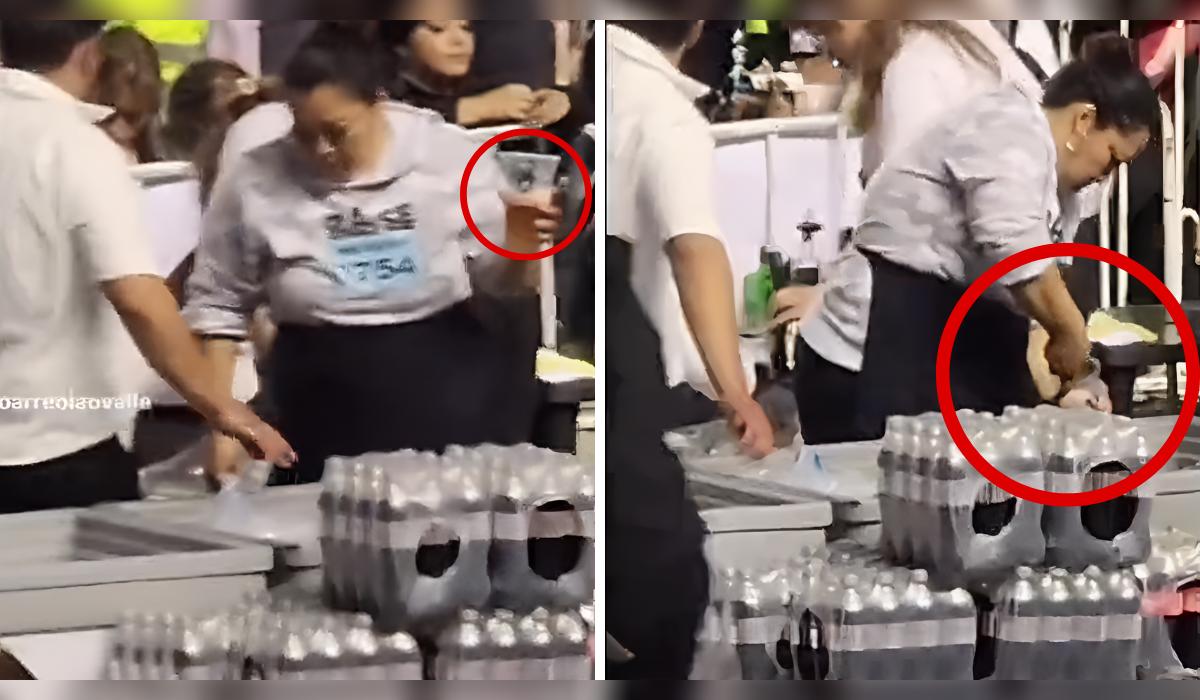 Repartidora es captada recogiendo sobras de cerveza.