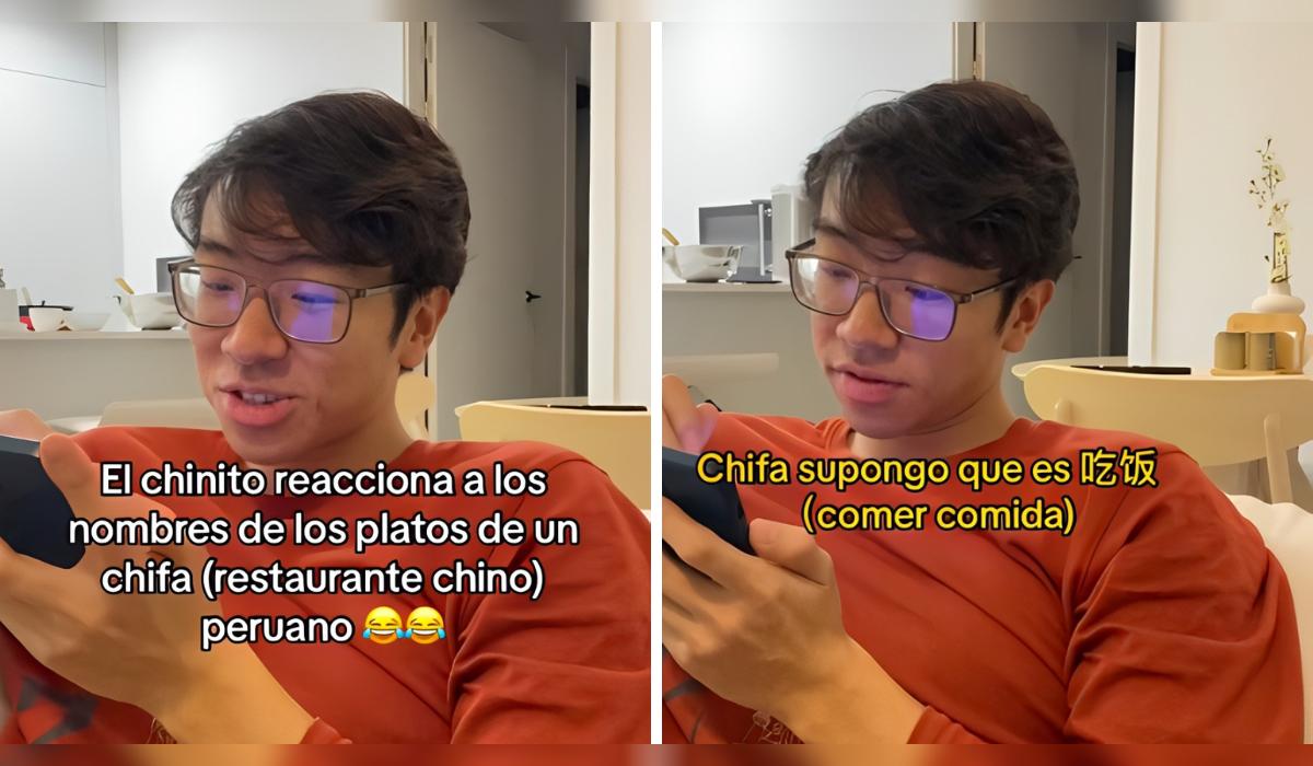 El clip muestra al joven intentando pronunciar los nombres de los platos, con su amiga comentando que "chifa" es comida. Su asombro destaca el desconocido mundo de la fusión gastronómica en Perú.