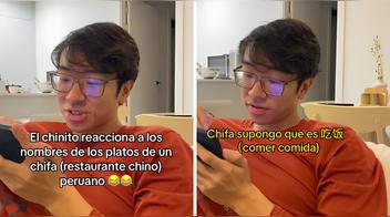 El clip muestra al joven intentando pronunciar los nombres de los platos, con su amiga comentando que "chifa" es comida. Su asombro destaca el desconocido mundo de la fusión gastronómica en Perú.