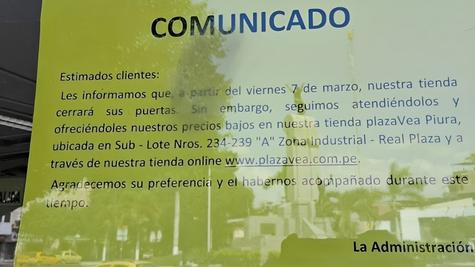 Comunicado de Plaza Vea en sede de Piura. Comunicado de Plaza Vea en sede de Piura.