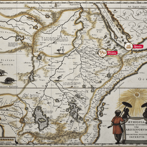 Mapa en el que se señala la proximidad de la antigua Abisina (Etiopia), lugar de origen del café, y de Yemén, desde cuyos puertos comenzó a ser comerciado.    