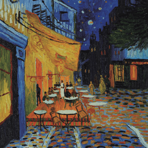 Terraza de café por la noche del pintor Vincent Van Gogh. Representa un café de la Place du Forum en Arlés, Francia, a fines del siglo XIX.    