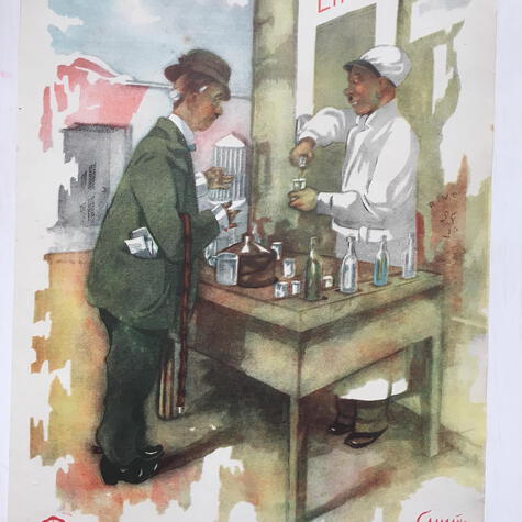Una de las estampas del artista José Luis Caamaño (1935) representa a un emolientero con un cliente algo constipado.   