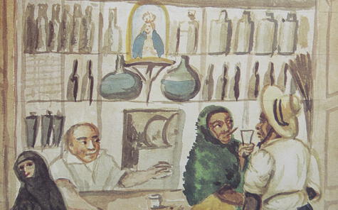 Venta de pisco en una "pulpería" tradicional del siglo XIX. Pancho Fierro.   