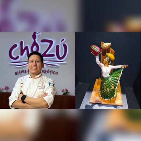  Chef Frank Olivares y su escultura de chocolate.   