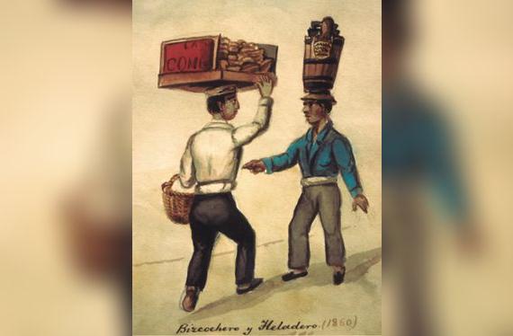 Acuarela del bizcochero y el heladero, dos típicos personajes de la Lima de antaño, retratados por el pintor costumbrista Pancho Fierro (1809-1879).    