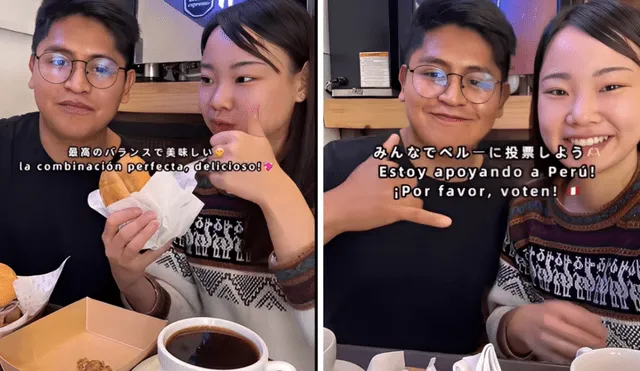 Japonesa prueba pan con chicharrón y anima a votar por Perú.