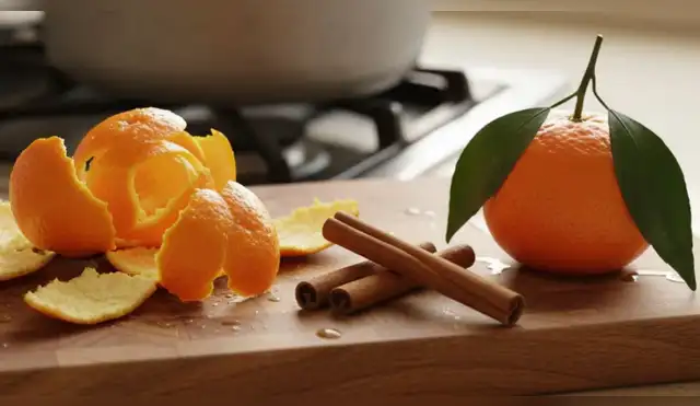 Hervir cáscaras de mandarina con canela. Hervir cáscaras de mandarina con canela.