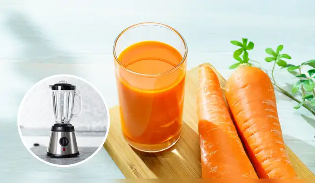 El jugo de zanahoria preparado en licuadora conserva toda la fibra y los nutrientes naturales.