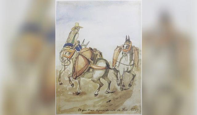 Acuarela de Pancho Fierro representando a un comerciante que transporta el aguardiente traído desde Ica en las tradicionales botijas pisqueras de arcilla.   