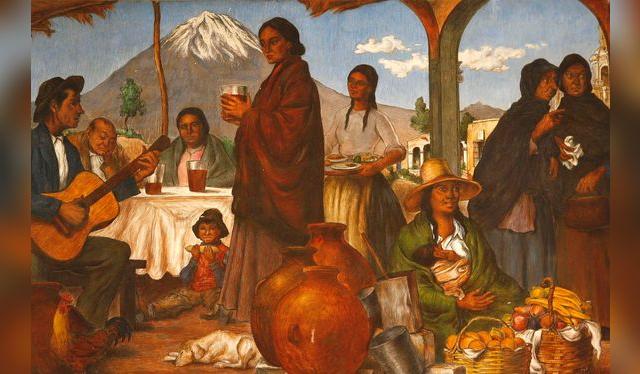 Detalle de El campo. La ciudad (1946): mural de Teodoro Núñez Ureta que retrata el ambiente de las picanterías.   