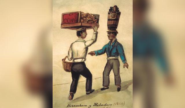 Acuarela del bizcochero y el heladero, dos típicos personajes de la Lima de antaño, retratados por el pintor costumbrista Pancho Fierro (1809-1879).    