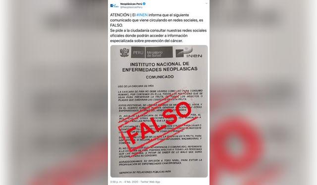 Tweet del INEN desmintiendo la información sobre la cáscara de piña.   