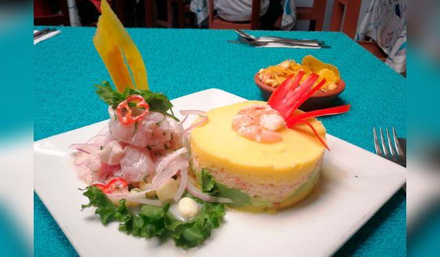 Combinado de ceviche de pescado con causa de cangrejo y langostinos.   