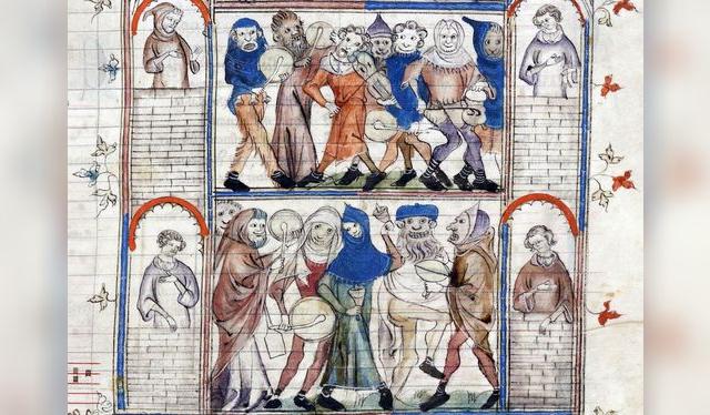 Ilustración del charivari, una especie de desfile ruidoso del siglo XIV que ya incluía ollas y sartenes.    