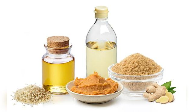 Ajonjolí, aceite de ajonjolí, miso, vinagre de arroz, azúcar y kion. Ajonjolí, aceite de ajonjolí, miso, vinagre de arroz, azúcar y kion.