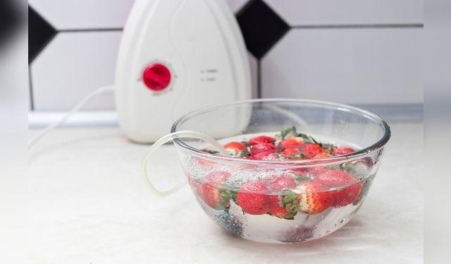 Tubos que conducen a la bomba de oxígeno y al generador de ozono. fruto de la ozonación. Desinfección de alimentos por ozono Tubos que conducen a la bomba de oxígeno y al generador de ozono. fruto de la ozonación. Desinfección de alimentos por ozono