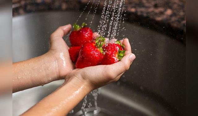 El lavado de las fresas, como en otras frutas y verduras, ayuda a su desinfección.    