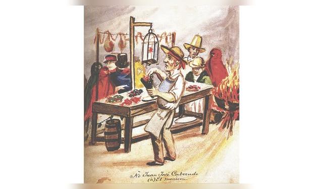 Ño Juan José Cabezudo en su puesto de viandas en el centro de Lima. <br>Por Pancho Fierro (Pinacoteca Ignacio Merino - MML). Ño Juan José Cabezudo en su puesto de viandas en el centro de Lima. <br>Por Pancho Fierro (Pinacoteca Ignacio Merino - MML).