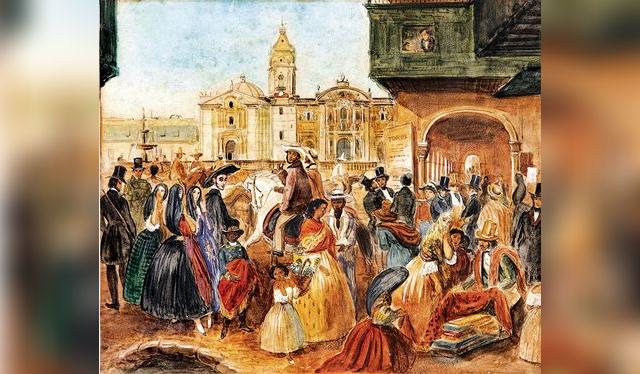 Plaza de Armas de Lima en el siglo XIX, <br>por Mauricio Rugendas. Plaza de Armas de Lima en el siglo XIX, <br>por Mauricio Rugendas.