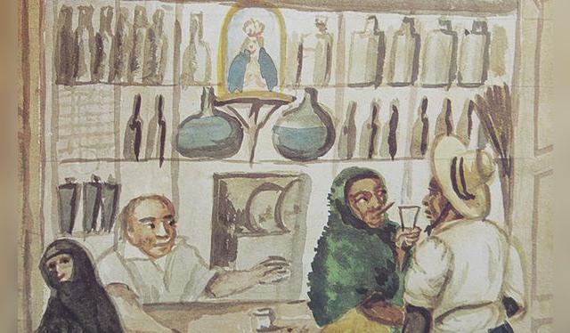 Venta de pisco en una "pulpería" tradicional del siglo XIX. Pancho Fierro.   