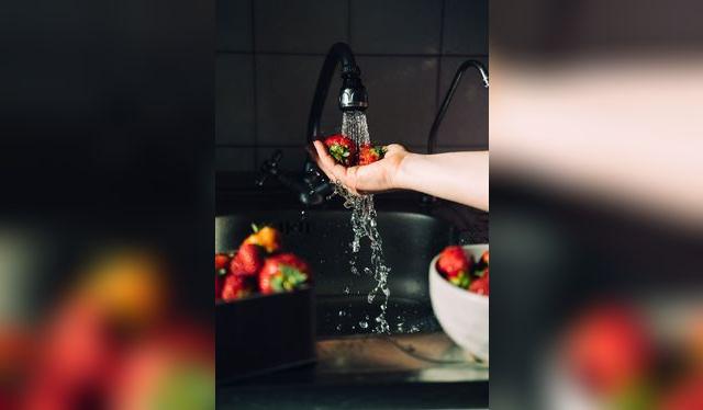 El agua corriente es el primer paso en el proceso de lavado y desinfección de las fresas.    