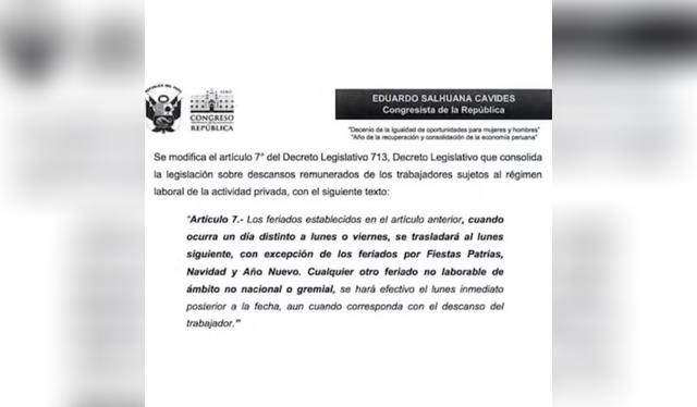 Según la propuesta del presidente del Congreso, los feriados que no coincidan con un lunes o viernes podrían ser trasladados al lunes siguiente.   