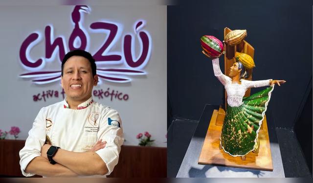  Chef Frank Olivares y su escultura de chocolate.   