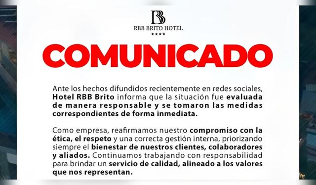 Comunicado de Hotel RBB Brito. Comunicado de Hotel RBB Brito.
