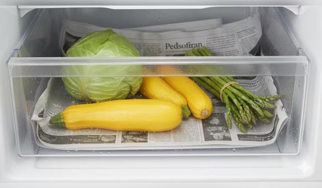 El papel periódico evita la humedad y el mal olor en el cajón de las verduras.   