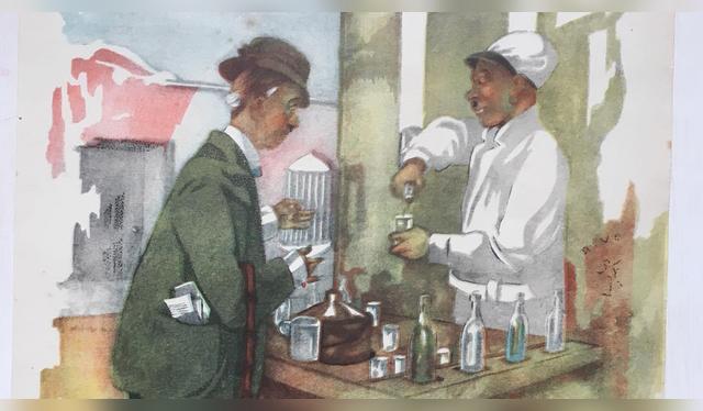 Una de las estampas del artista José Luis Caamaño (1935) representa a un emolientero con un cliente algo constipado. Una de las estampas del artista José Luis Caamaño (1935) representa a un emolientero con un cliente algo constipado.