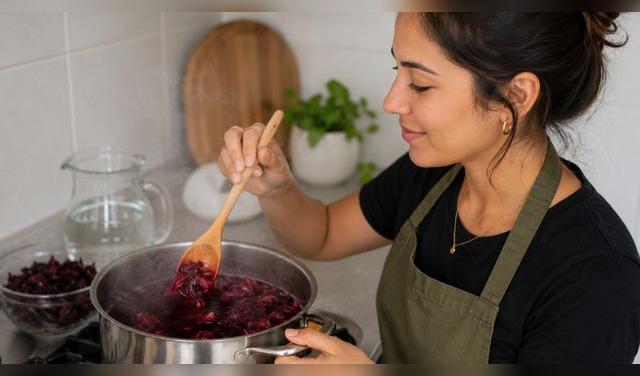 Mariana Zapién, ingeniera en alimentos, advierte que hervir la flor de Jamaica a 100°C puede comprometer sus nutrientes. Fuente: composición IA.  