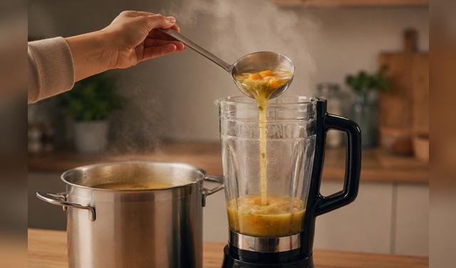 Para licuar sopas calientes, deja que reposen unos minutos, vierte pequeñas cantidades y licúa a baja velocidad. Foto: IA  