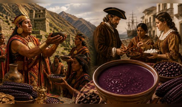 El api morado es una bebida andina ancestral elaborada con maíz morado, enriquecida con especias desde la época colonial. Foto: IA  