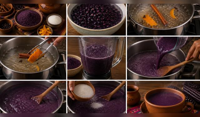  El api morado se prepara con maíz morado con canela, clavo de olor y cáscara de naranja hasta obtener una bebida espesa y aromática. Foto: IA  