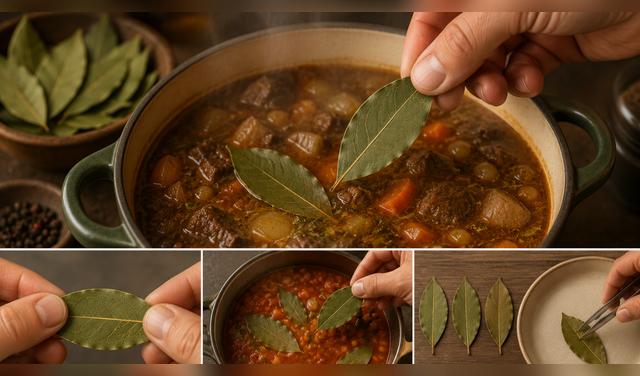 Para intensificar el aroma del laurel seco de forma segura, úsalo siempre entero, presiónalo ligeramente antes de cocinar y retíralo al final de la preparación. Foto: IA  