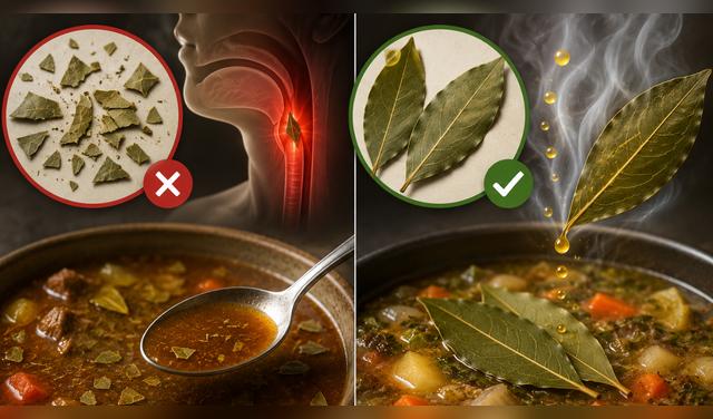 Romper las hojas de laurel puede ser peligroso al ingerir sus fragmentos y además liberar compuestos que amargan por completo la preparación. Foto: IA  