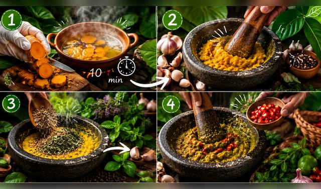 La mishkina se prepara cocinando cúrcuma, moliéndola con especias, hierbas y ají. Foto: IA La mishkina se prepara cocinando cúrcuma, moliéndola con especias, hierbas y ají. Foto: IA