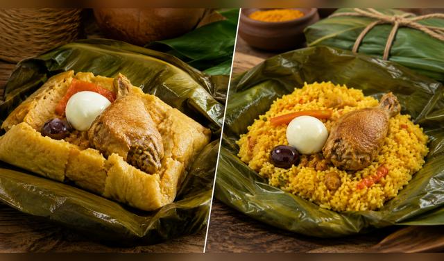 El juane de yuca destaca por su textura compacta y sabor ancestral, mientras que el de arroz es más suelto y aromatizado con palillo. Foto: IA  