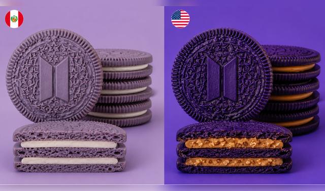Diferencia entre la versión peruana y norteamericana de las galletas BTS de Oreo. Foto: IA  