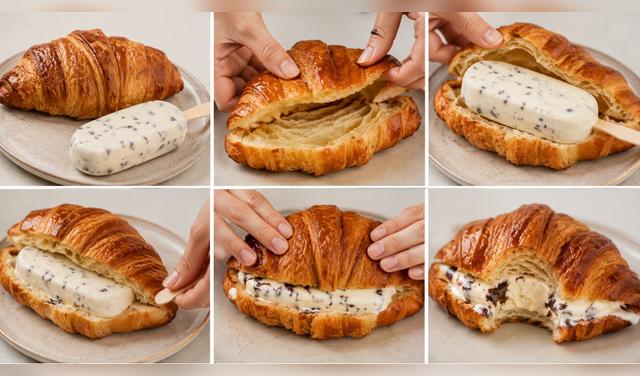 Combina un croissant con una barra de helado para crear un postre fácil, cremoso y crujiente. Foto: IA Combina un croissant con una barra de helado para crear un postre fácil, cremoso y crujiente. Foto: IA