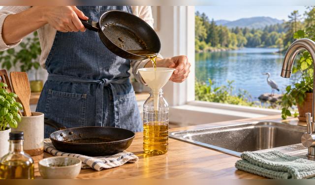 Después de cocinar, dejar enfriar y colar el aceite, guardarlo en una botella limpia y seca y entregarlo en un punto de acopio o a una organización que lo recoja. Foto: IA   