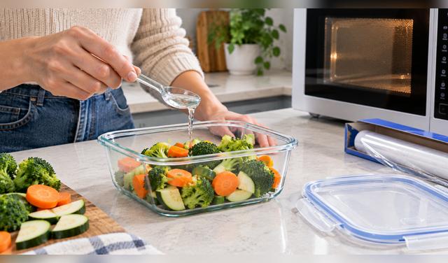 El microondas permite cocinar verduras rápidamente con poca agua y en un recipiente apto, sin necesidad de sumergirlas. Foto: IA El microondas permite cocinar verduras rápidamente con poca agua y en un recipiente apto, sin necesidad de sumergirlas. Foto: IA