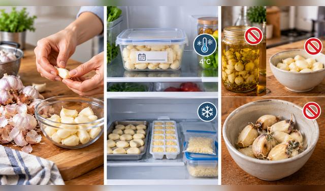 El ajo pelado puede refrigerarse o congelarse en recipientes limpios, evitando la humedad, el aceite y las temperaturas inadecuadas. Foto: IA  