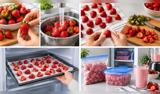 Lava, seca y congela las fresas por separado antes de guardarlas en bolsas o recipientes herméticos. Foto: IA   