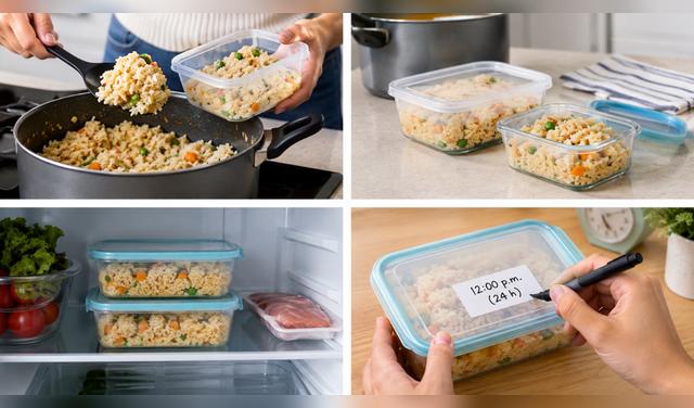 Guarda el arroz sobrante en recipientes limpios, refrigéralo pronto y consúmelo dentro de las próximas 24 horas. Foto: IA  