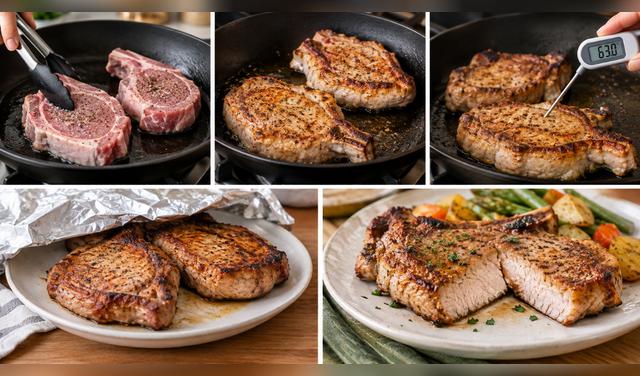 Dora las chuletas por ambos lados, cocínalas hasta alcanzar 63 °C en el centro y déjalas reposar al menos 3 minutos antes de servir. Foto: Envato Dora las chuletas por ambos lados, cocínalas hasta alcanzar 63 °C en el centro y déjalas reposar al menos 3 minutos antes de servir. Foto: Envato