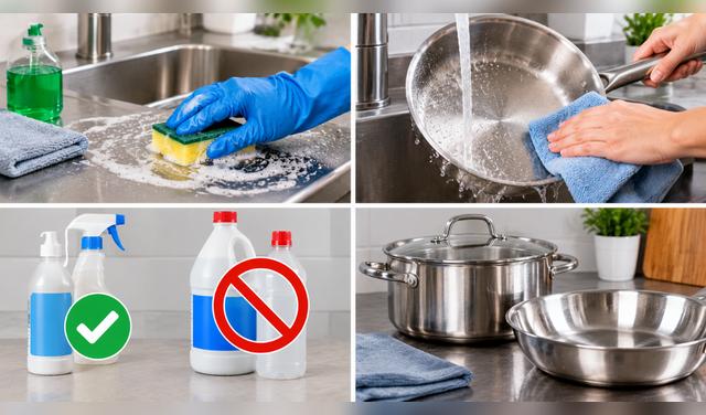 Limpia el acero inoxidable con agua y jabón, usa desinfectantes compatibles y evita el contacto prolongado con productos químicos. Foto: IA Limpia el acero inoxidable con agua y jabón, usa desinfectantes compatibles y evita el contacto prolongado con productos químicos. Foto: IA