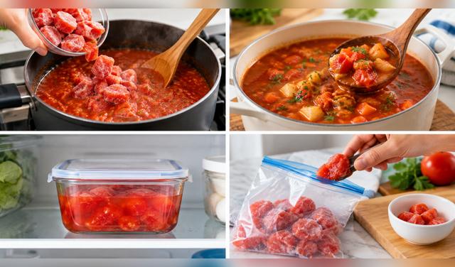 Los tomates congelados son ideales para salsas, sopas y guisos, pero no para ensaladas o sánguches porque pierden firmeza al descongelarse. Foto: IA  